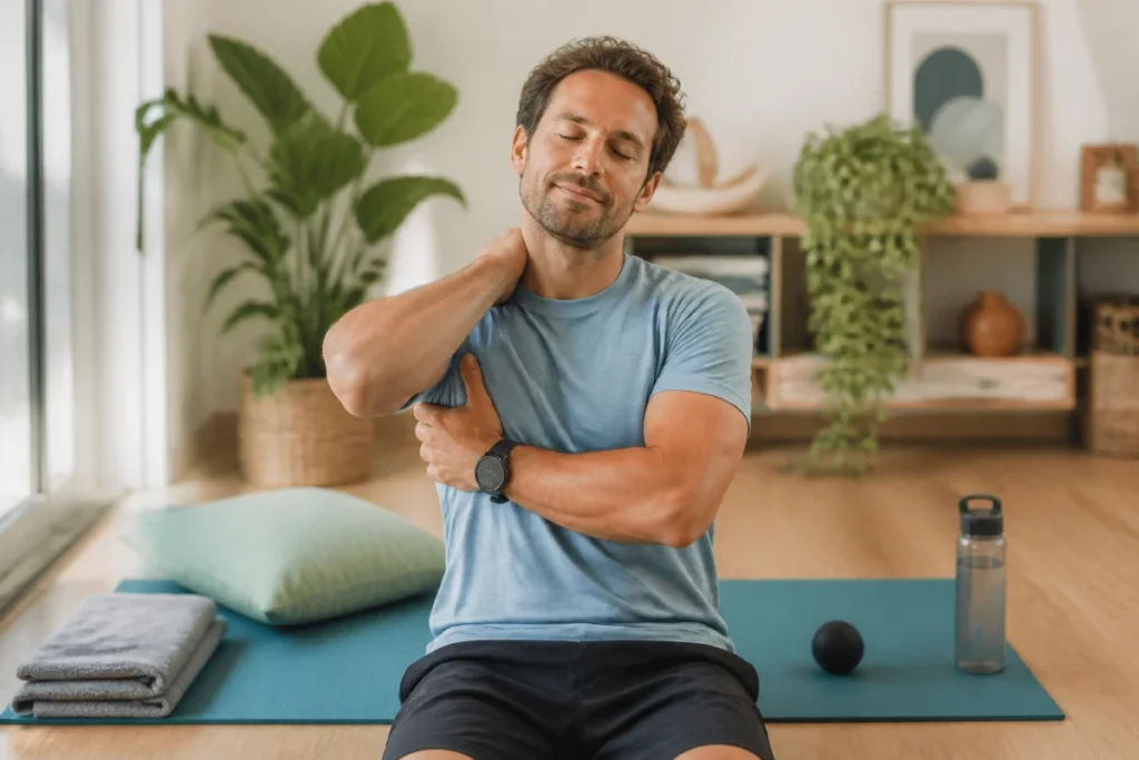 Auto-massage doux des épaules et du cou pour favoriser le massage relaxant et la récupération musculaire