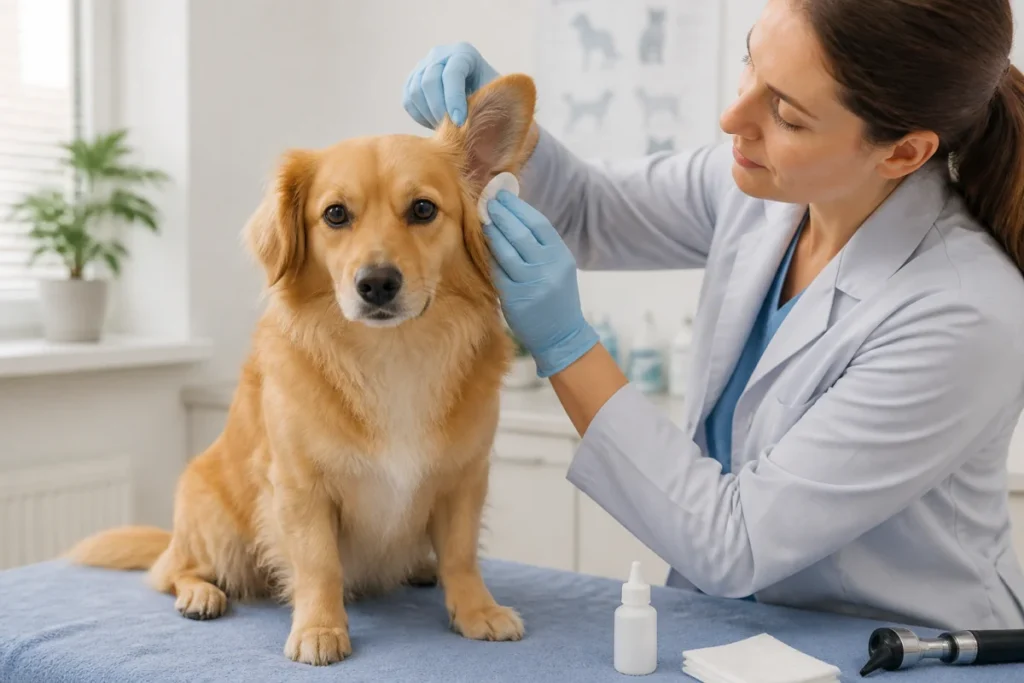 Vétérinaire examinant l’oreille irritée d’un chien lors d’une consultation pour otite chez le chien
