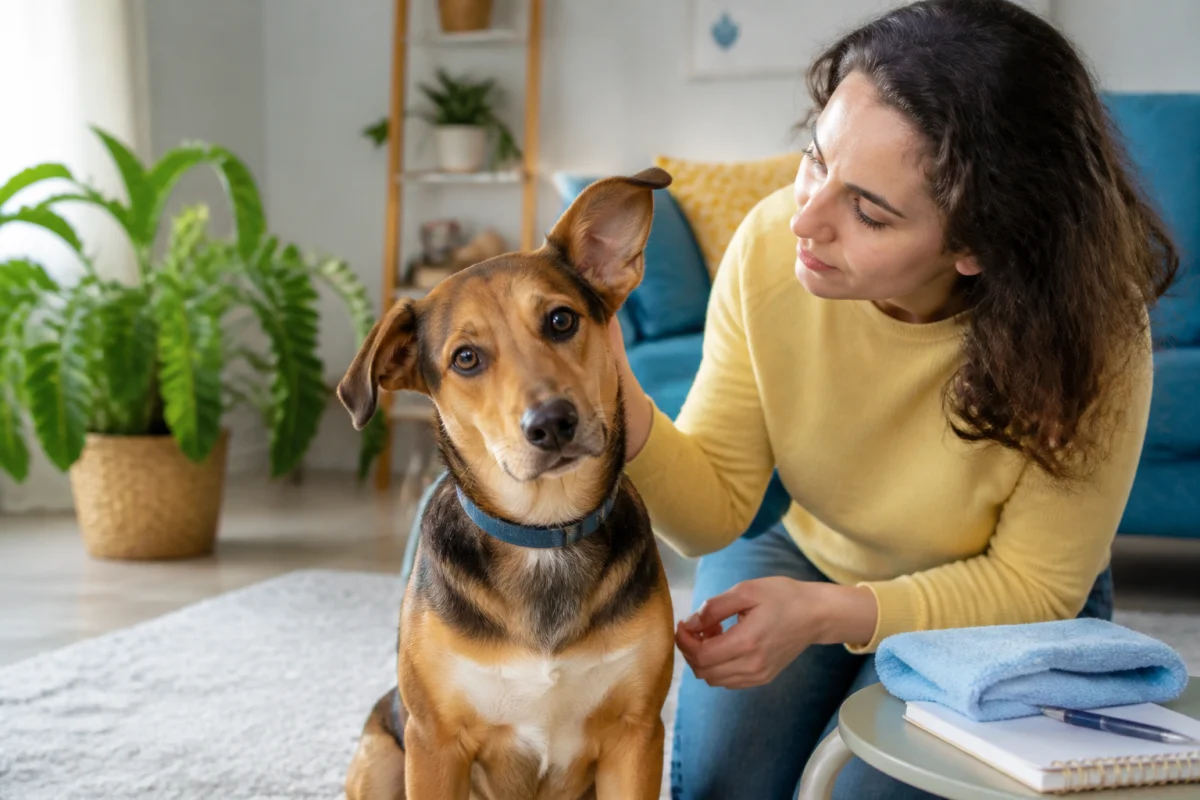 Chien présentant des signes d’otite, observé attentivement par sa propriétaire dans un salon lumineux