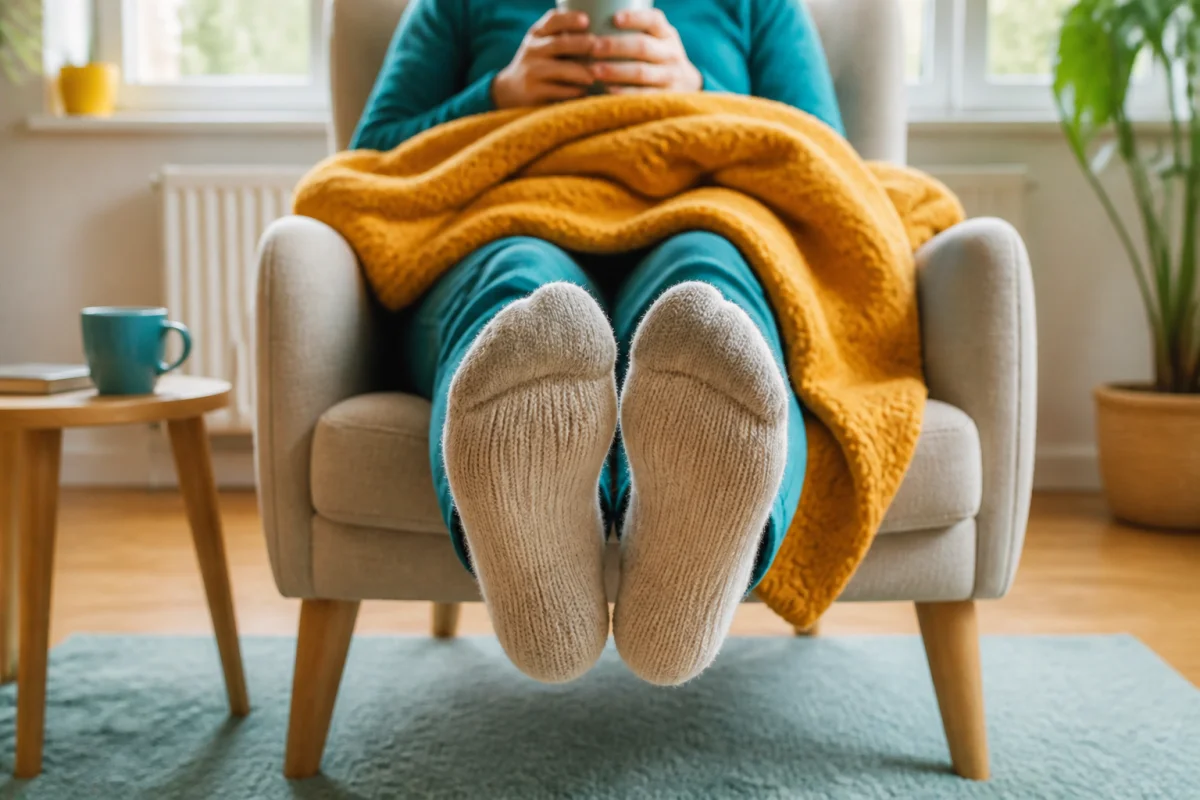 Pieds froids et circulation : pieds en chaussettes épaisses réchauffés sous une couverture, dans une pièce lumineuse.