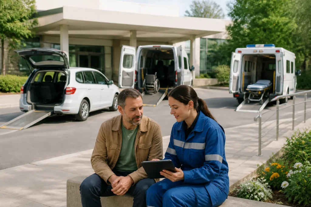 Patient serein comparant taxi médical conventionné, véhicule sanitaire léger et ambulance devant un établissement de soins accessible