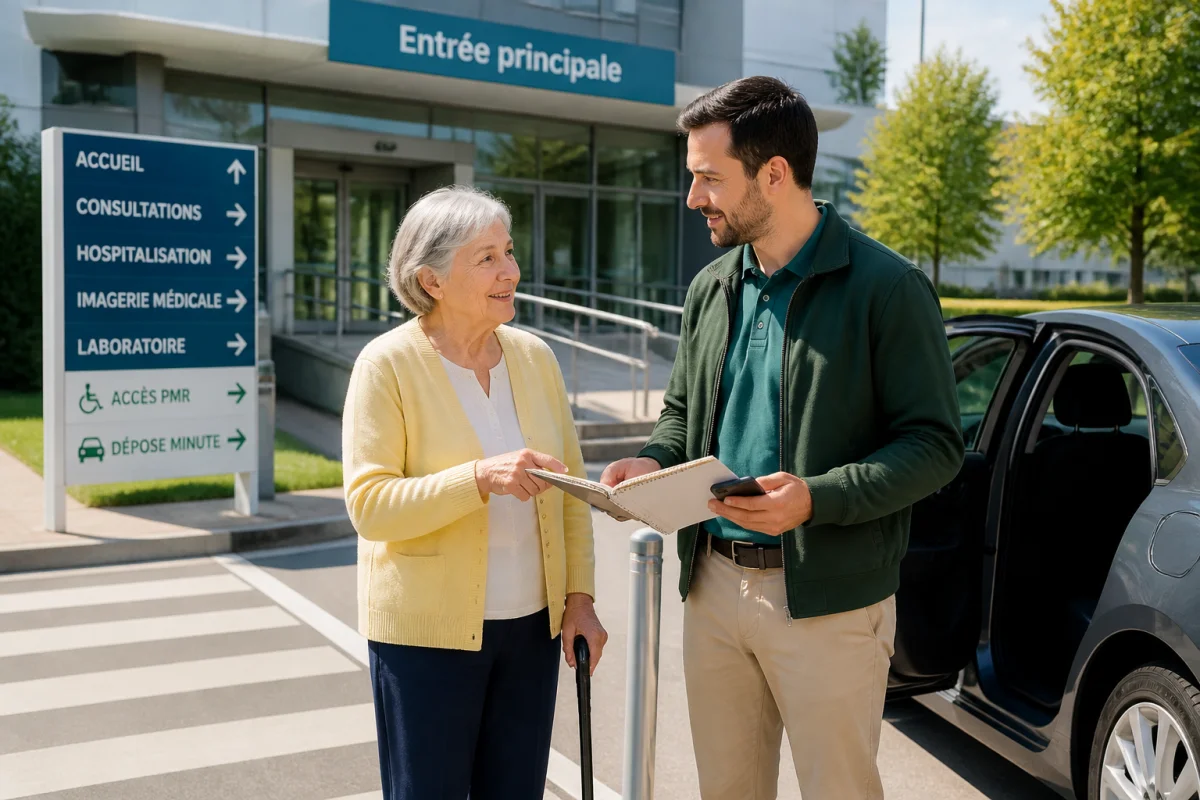 Patiente âgée et conducteur vérifiant sereinement un trajet devant l’entrée accessible d’un hôpital pour prendre un taxi médical conventionné