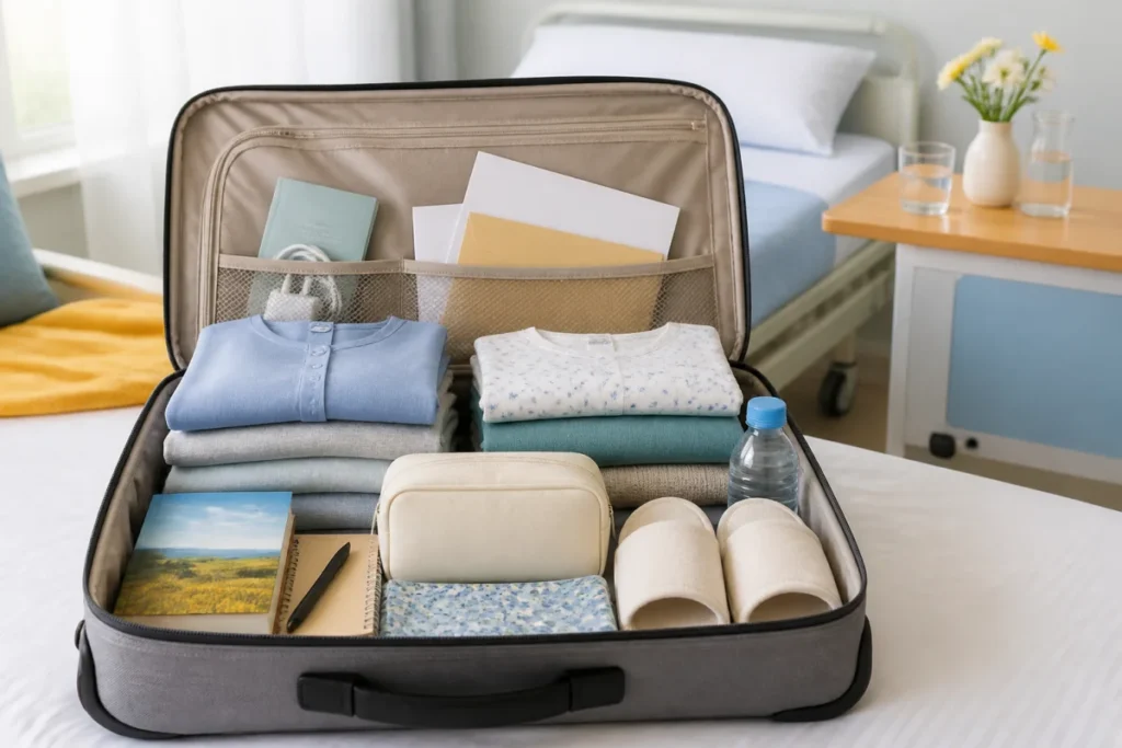Sac de voyage ouvert avec vêtements et accessoires organisés pour préparer une hospitalisation en clinique sans stress
