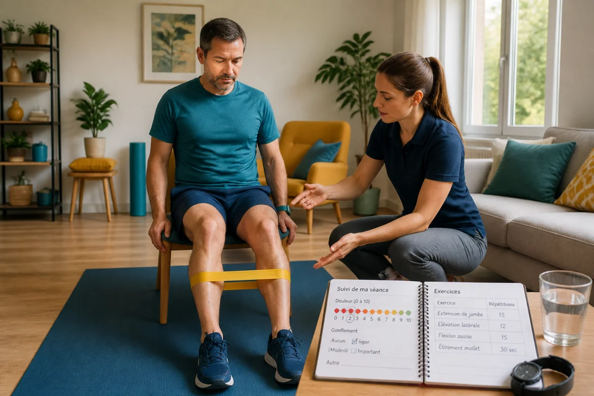 Rééducation après chirurgie du genou à domicile avec kinésithérapeute, exercices doux et carnet de suivi de la douleur