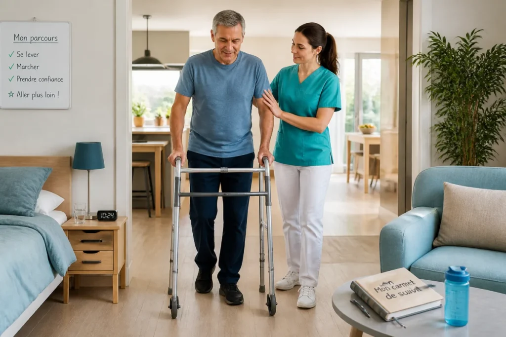 Patient en convalescence avançant avec un déambulateur, accompagné par un kinésithérapeute dans un domicile adapté.