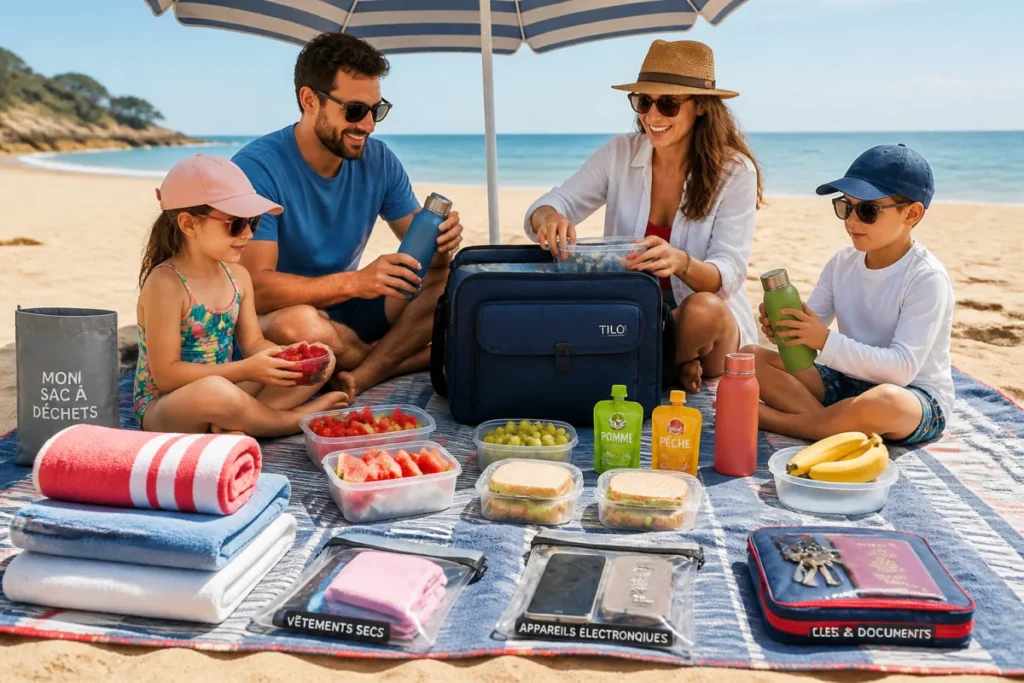 Famille préparant une sortie à la plage avec pique-nique organisé, gourdes, serviettes, glacière et accessoires essentiels.