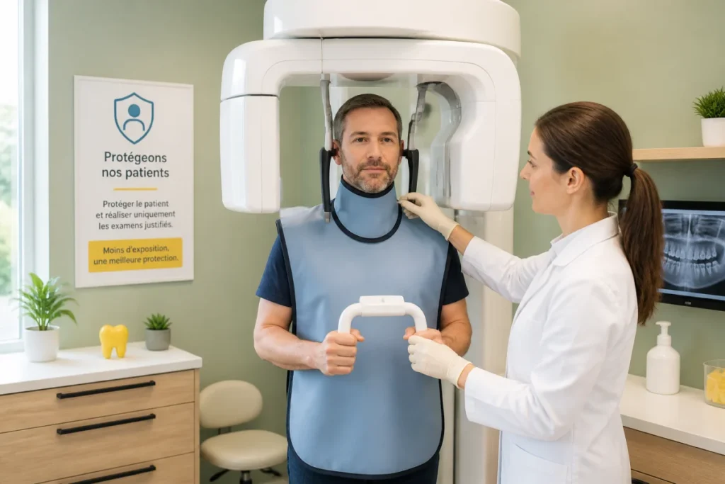 Radio panoramique dentaire : patient protégé par tablier plombé et protège-thyroïde lors d’un positionnement professionnel.