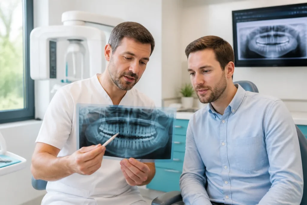 Dentiste et patient examinent une radiographie panoramique dentaire dans un cabinet moderne, illustrant son indication clinique et son prix