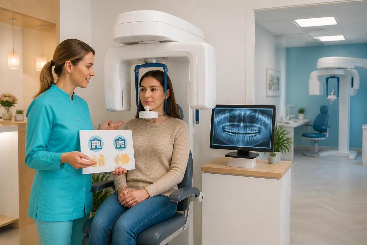 Patiente et professionnelle devant un appareil de radiographie panoramique dentaire dans un cabinet moderne, évoquant les tarifs et lieux d’examen