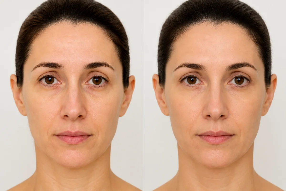 Rhinoplastie avant après : comparaison de profils faciaux montrant la correction d’un nez long, dévié et asymétrique