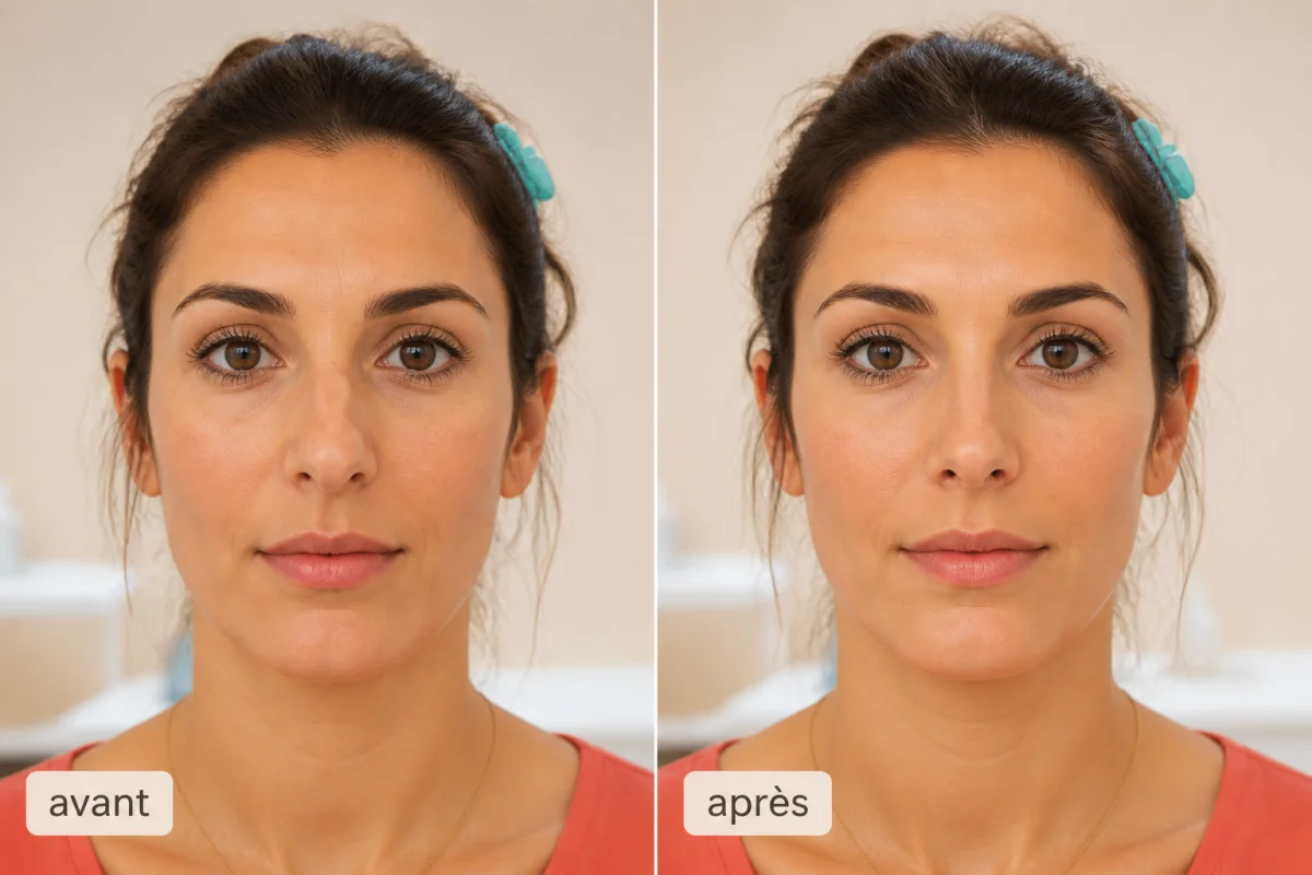 Comparaison rhinoplastie avant après montrant la correction naturelle d’une bosse dorsale sur le nez d’une femme adulte