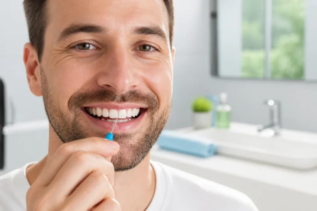 Santé bucco-dentaire au quotidien : adulte utilisant une brossette interdentaire pour nettoyer efficacement entre ses dents