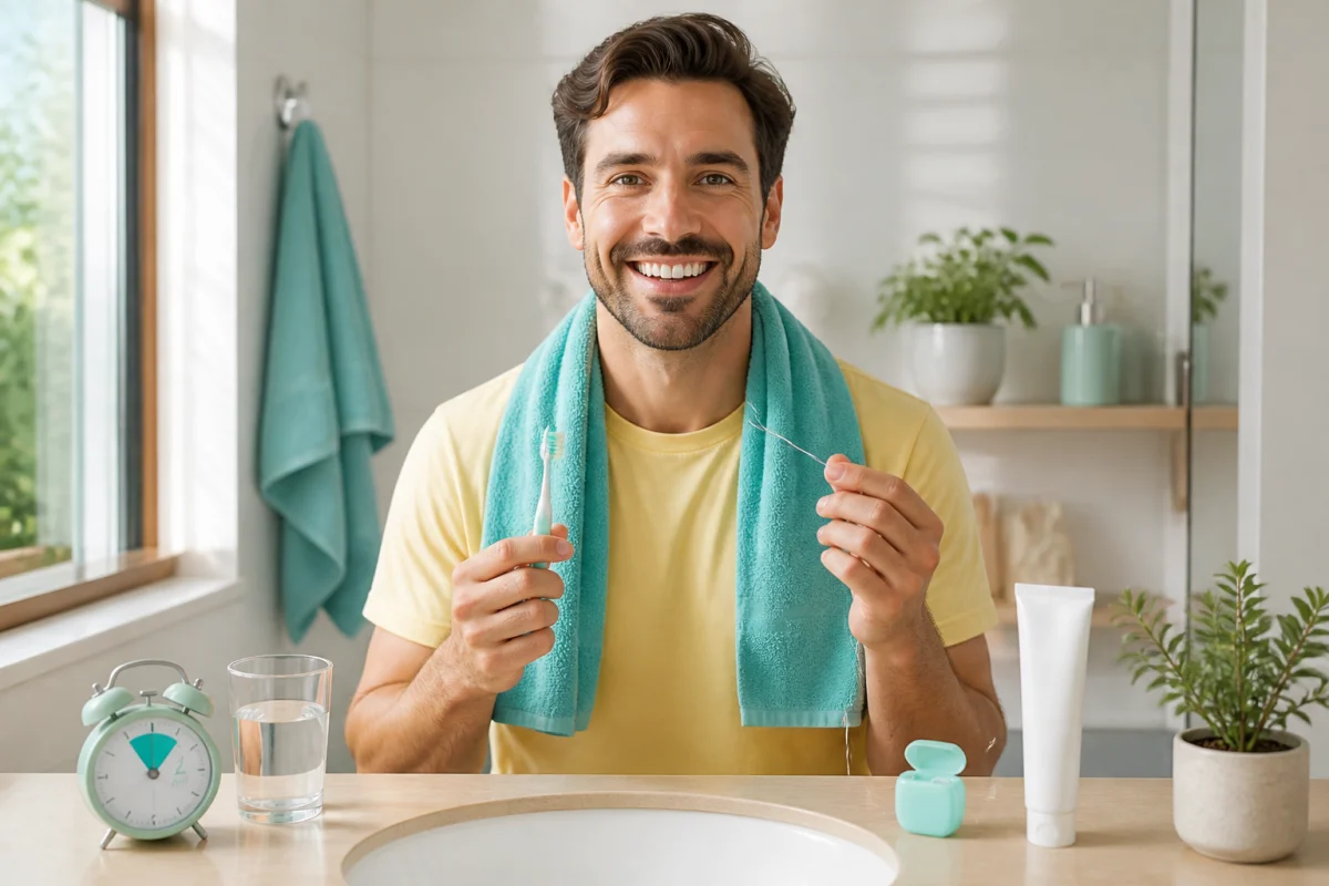 Adulte souriant pratiquant une routine de santé bucco-dentaire au quotidien devant un miroir, avec brosse à dents et fil dentaire