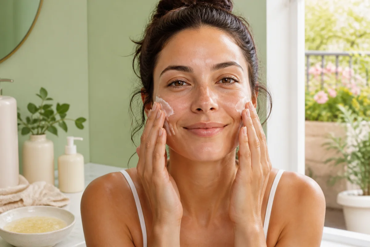 Femme appliquant une crème réparatrice, illustrant les soins du visage après l’hiver dans une salle de bains lumineuse printanière