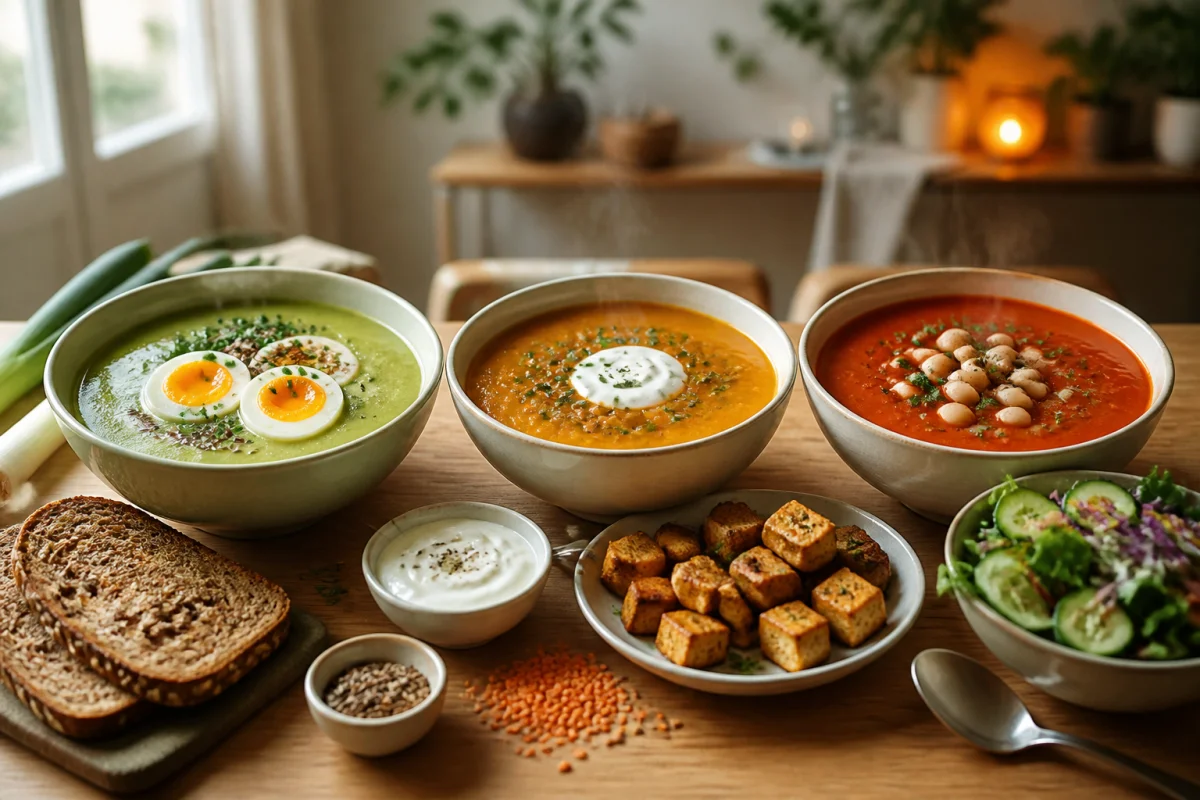 Trois soupes légères du soir avec œufs, lentilles, tofu, haricots blancs et accompagnements sains sur table en bois