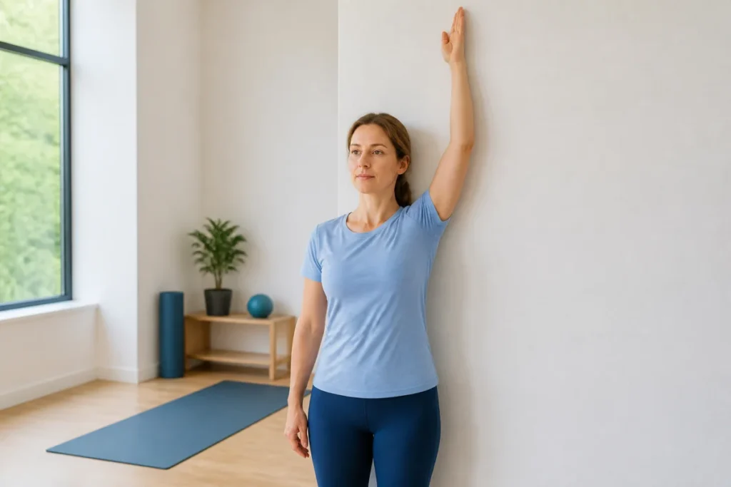Adulte réalisant un exercice de mobilité pour la tendinite de la coiffe des rotateurs contre un mur