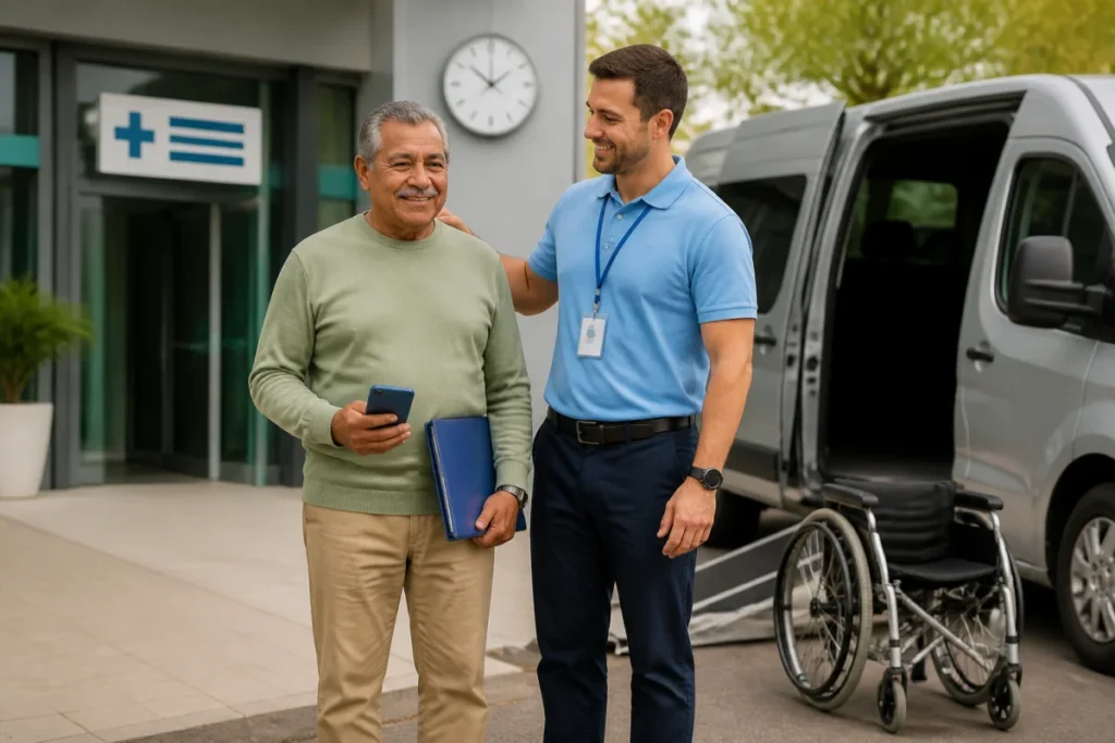 Patient accompagné par un conducteur devant un véhicule adapté pour un transport médical pour rendez-vous de santé
