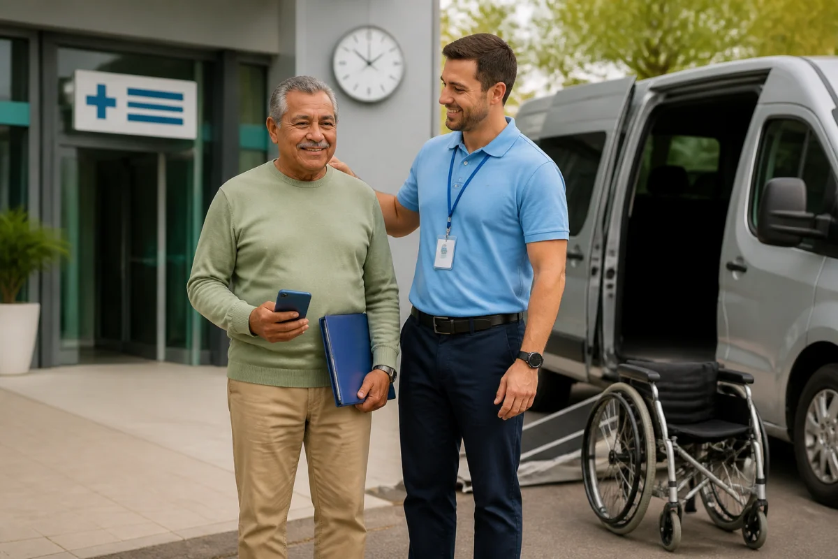 Patient accompagné par un conducteur devant un véhicule adapté pour un transport médical pour rendez-vous de santé
