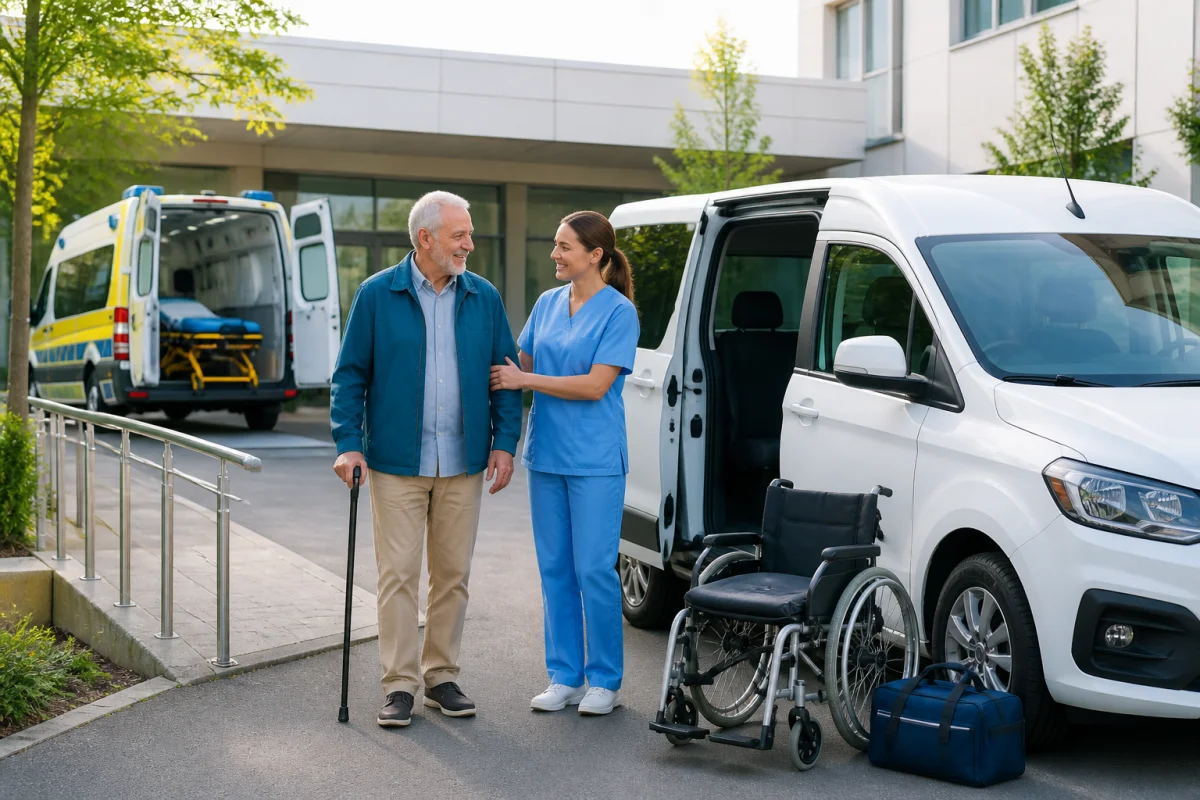 Patient accompagné vers un véhicule sanitaire léger pour un transport médical jusqu’à un rendez-vous de santé