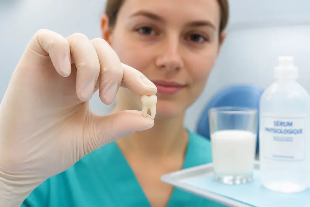 Urgences dentaires : que faire face à une dent définitive expulsée, tenue par la couronne avec lait et sérum physiologique.