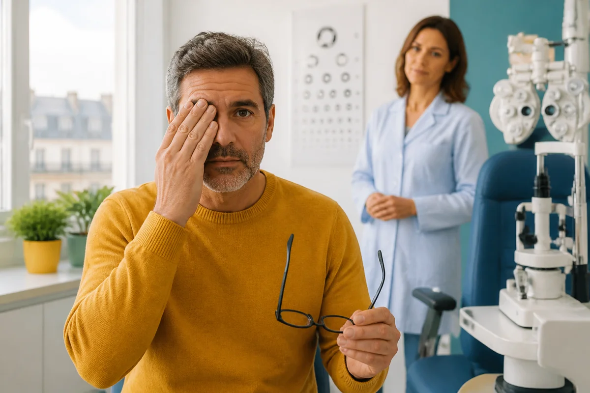 Adulte consultant un ophtalmologue à Paris pour une vision soudainement floue dans un cabinet médical rassurant