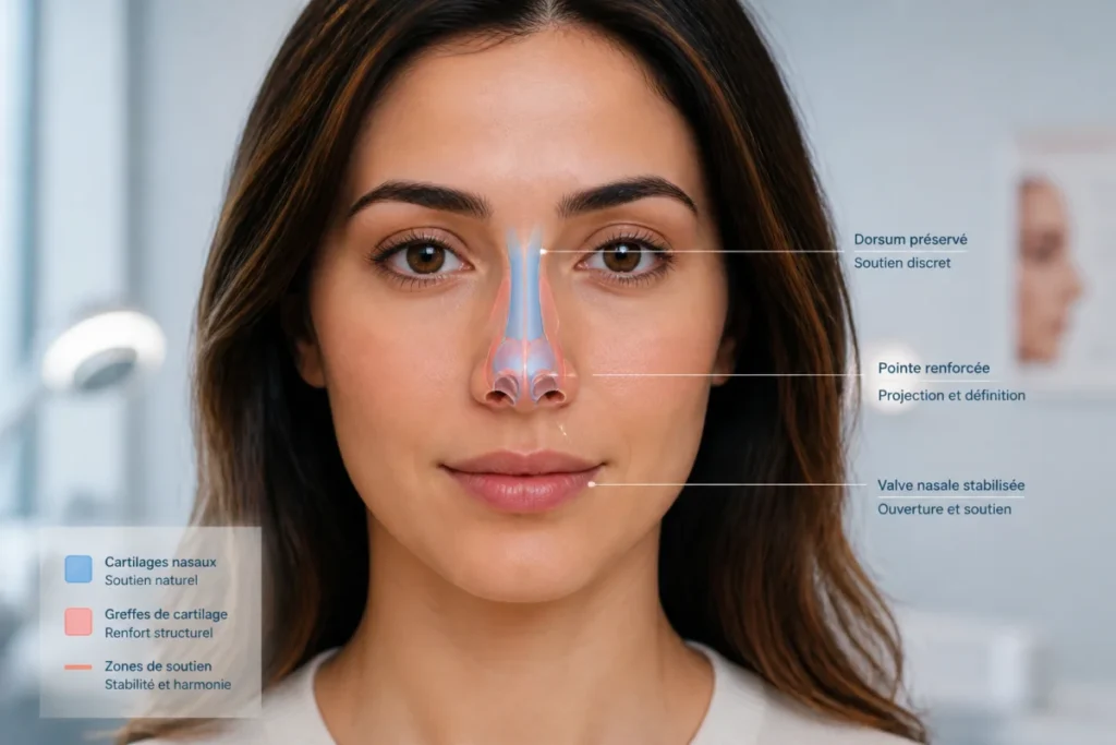 Portrait médical d’une personne montrant un nez harmonieux et une incrustation anatomique illustrant les possibilités de la rhinoplastie