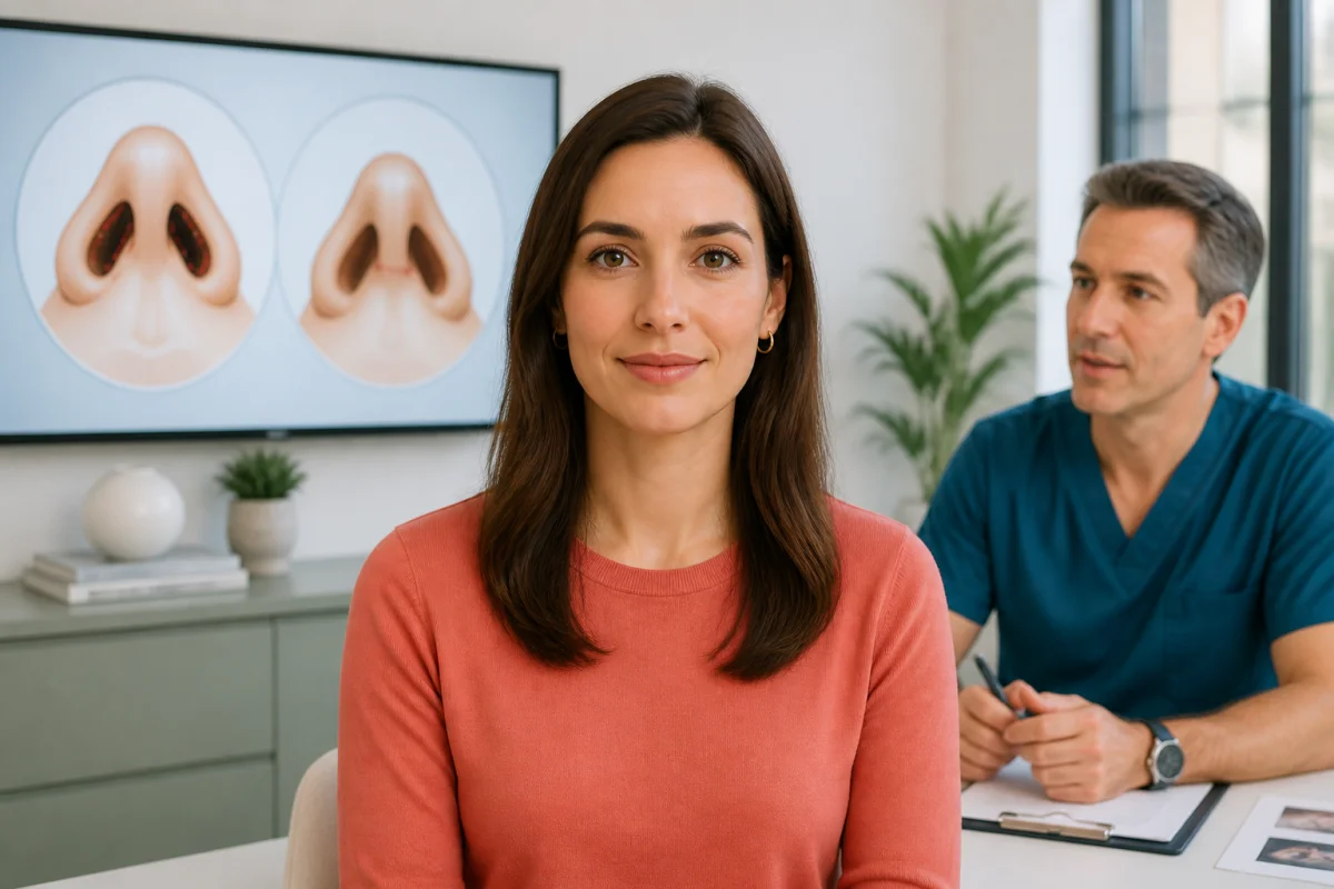 Consultation de rhinoplastie comparant les voies d’abord ouverte et fermée, avec schémas anatomiques explicatifs.